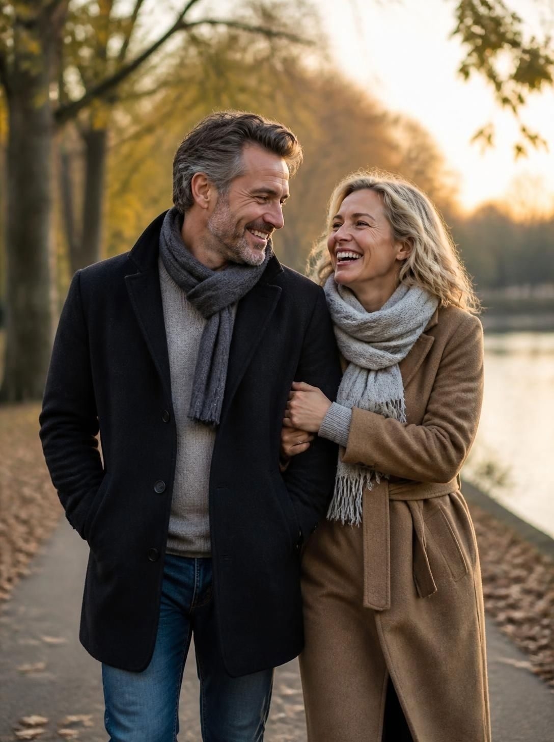 A smiling couple walking arm in arm by a river in autumn