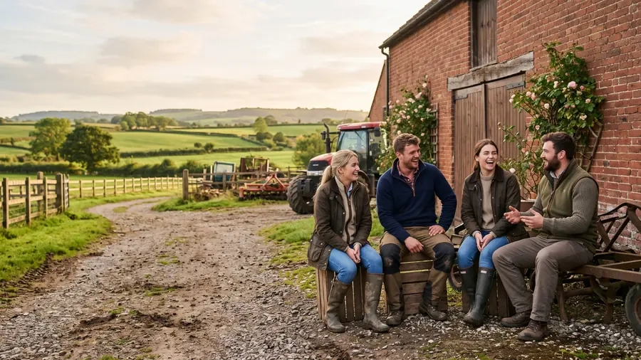 A group of people sitting talking outside a farm building at the end of the day