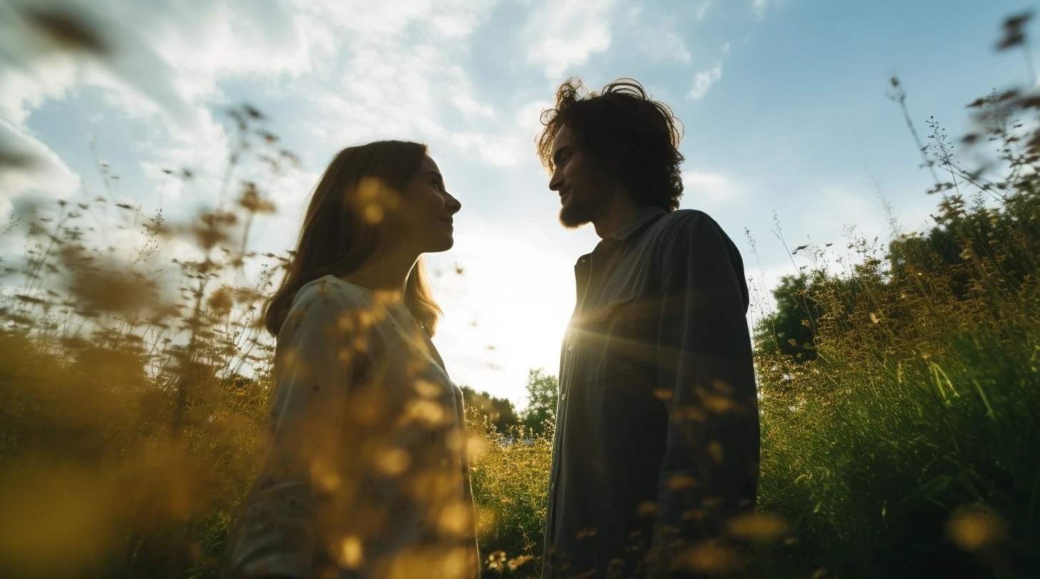 A smiling couple facing each other in a sunlit country meadow