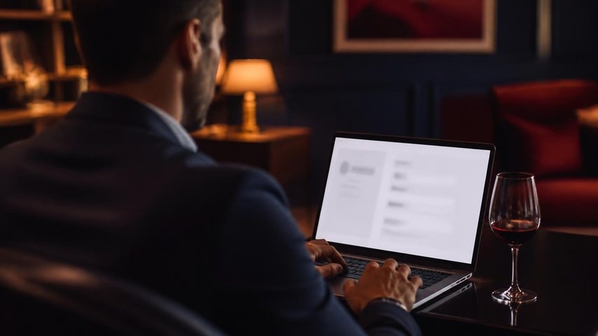 A man setting up a profile on a laptop with a glass of red wine beside him