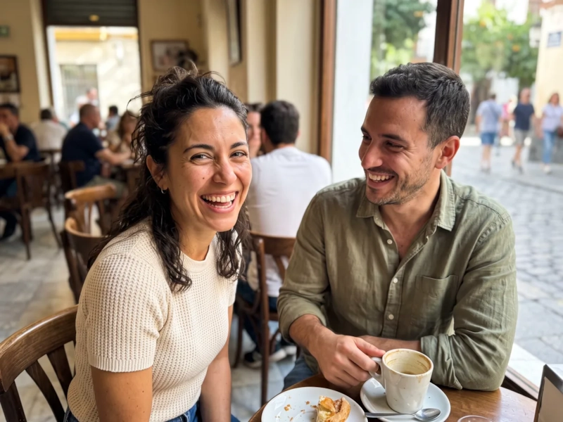 Un hombre y una mujer se ríen juntos con un café en una mesa de una cafetería con luz de día, en una primera cita (imagen generada por IA)