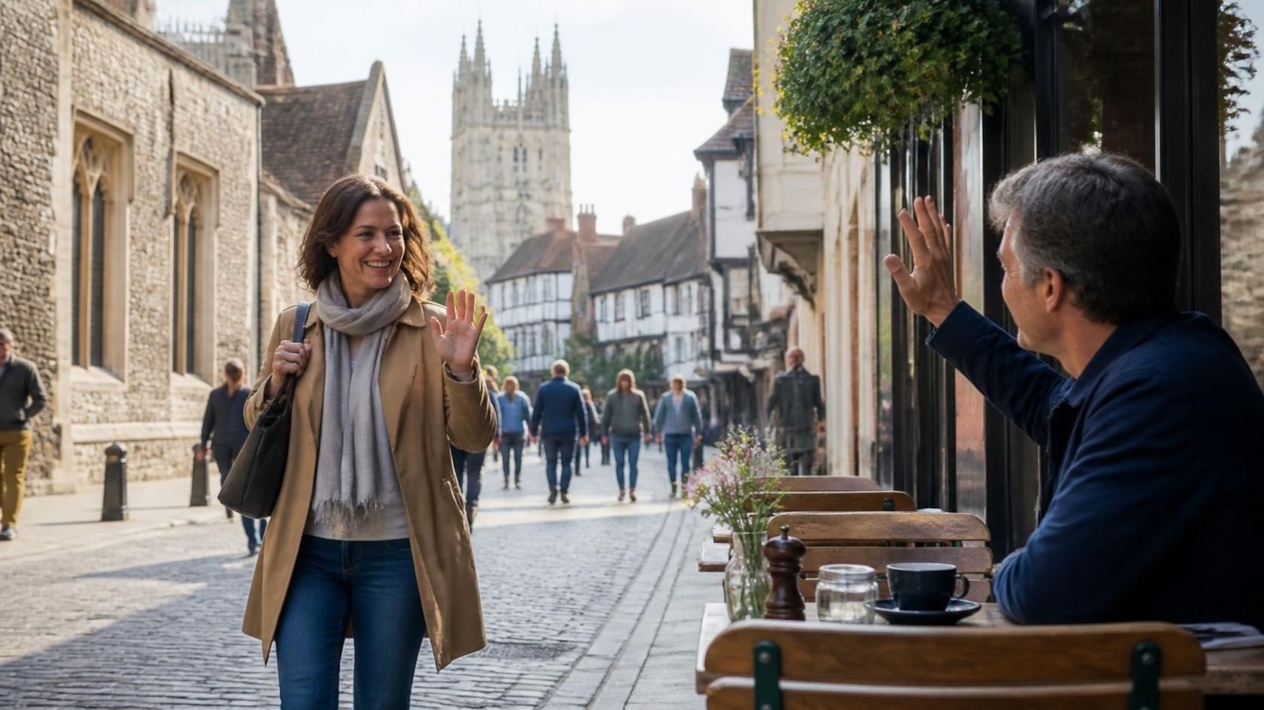 A woman waving hello as she arrives at a busy café