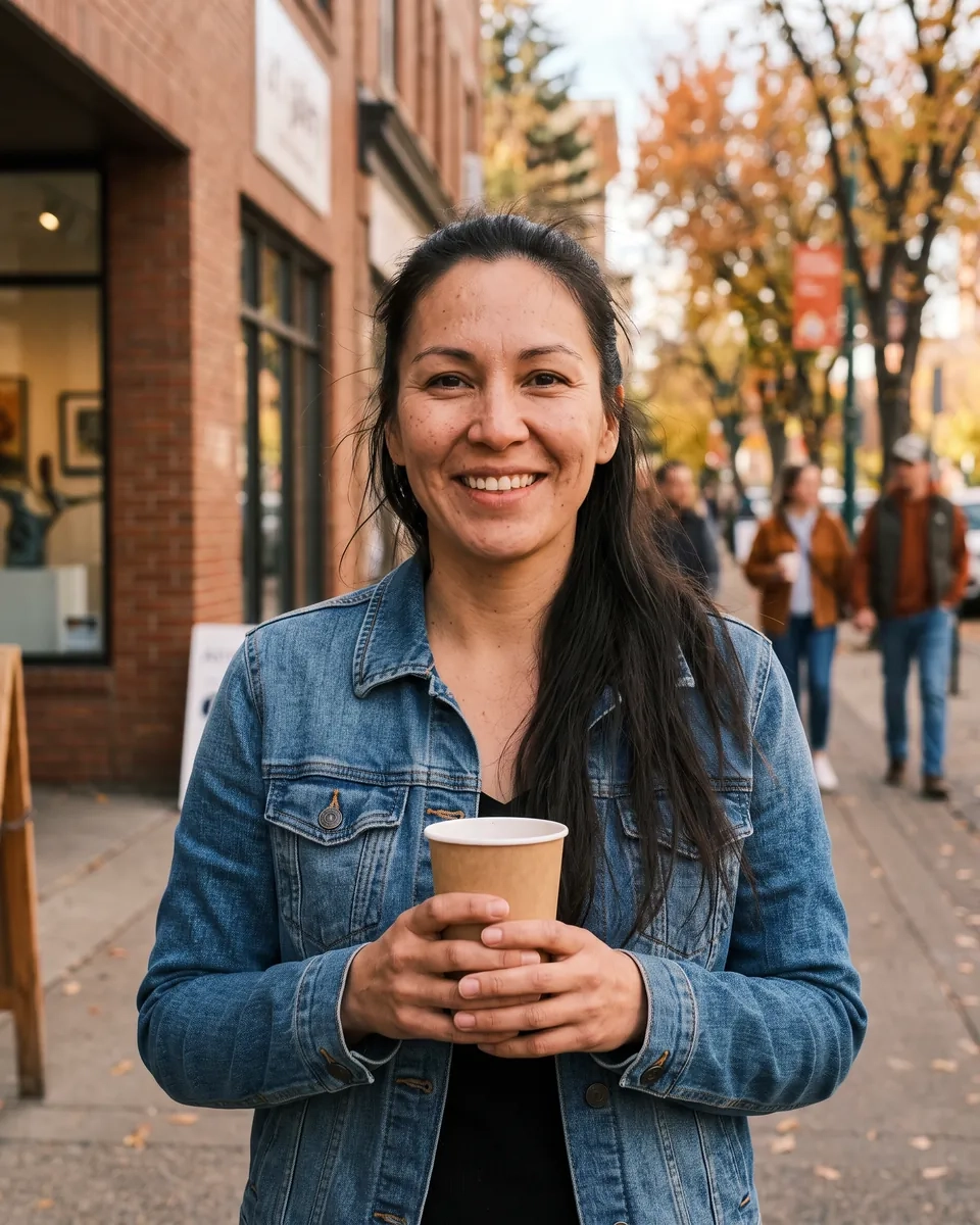 A smiling woman in a denim jacket holding a coffee outside a gallery on Edmonton's 124 Street (AI-generated image)
