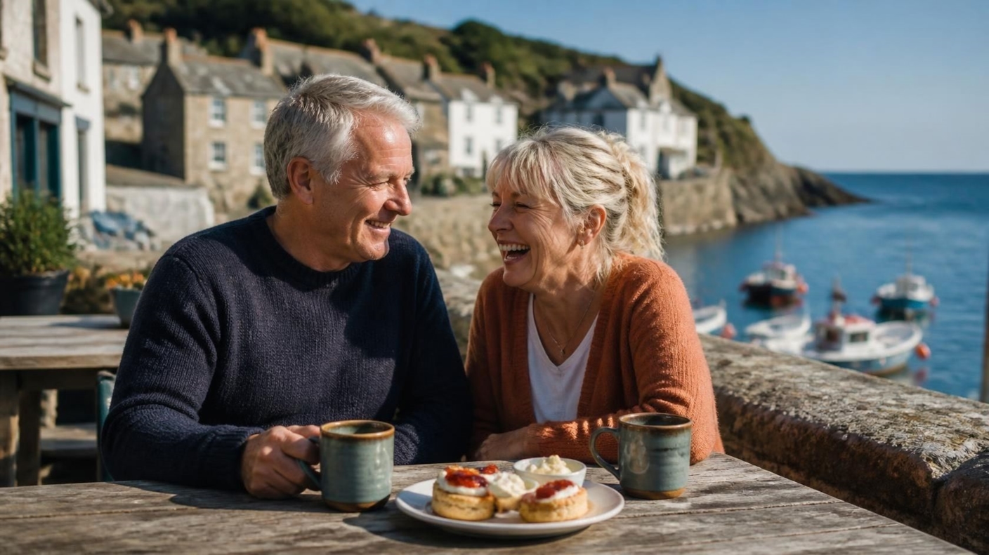 An older couple laughing over tea and scones at a harbourside café in Cornwall