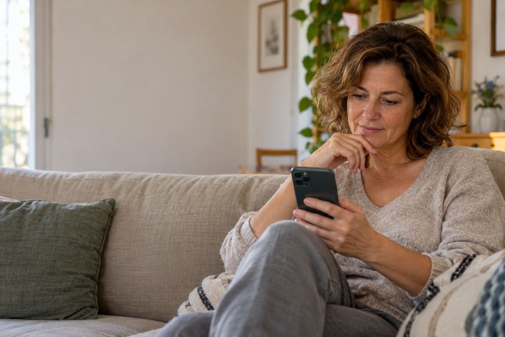 Mujer revisando con atención una conversación en su móvil