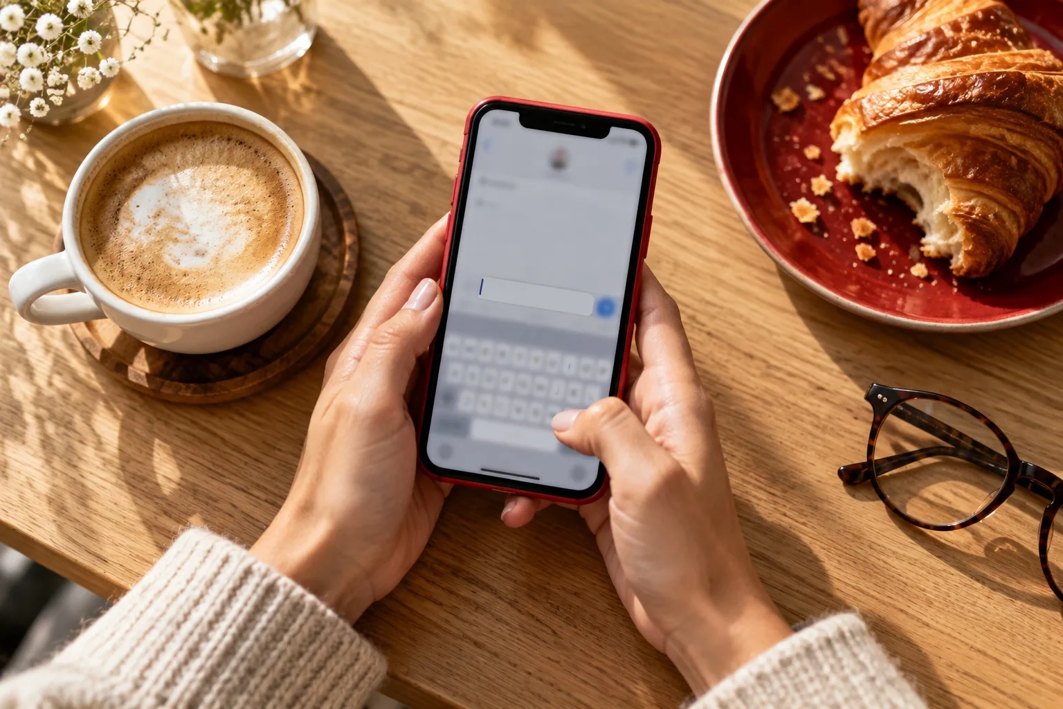 Vista cenital de dos manos escribiendo en un teléfono sobre una mesa de cafetería, con un café y un cruasán