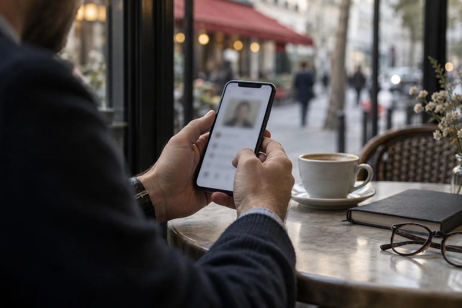 Las manos de un adulto sostienen un teléfono junto al ventanal de una cafetería, con una taza y un cuaderno sobre la mesa