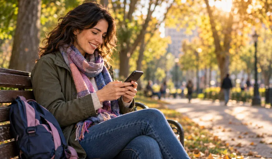 Persona sonriendo mientras escribe un mensaje en el móvil en un parque
