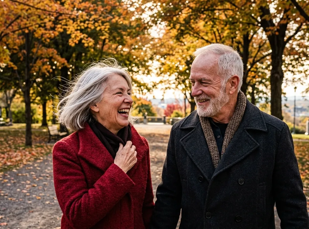 A woman in her mid sixties with a silver bob and a cranberry coat laughs with a man in his late sixties with a white beard on a tree-lined path in a Montreal park in autumn (AI-generated image)
