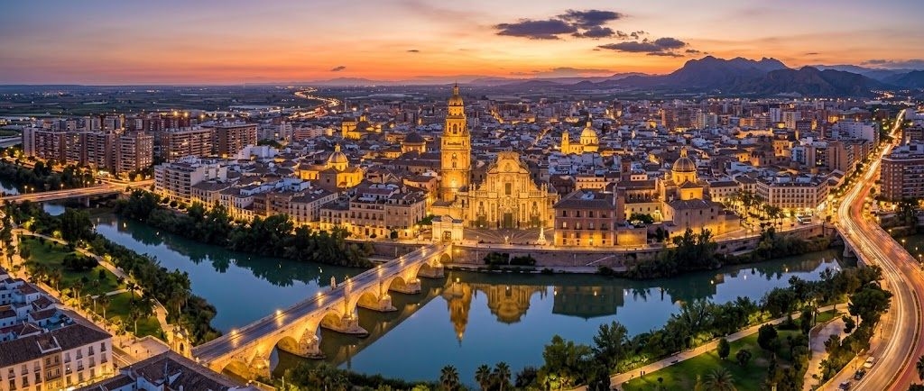 Catedral de Murcia y el río Segura al atardecer — encuentros gays en Murcia