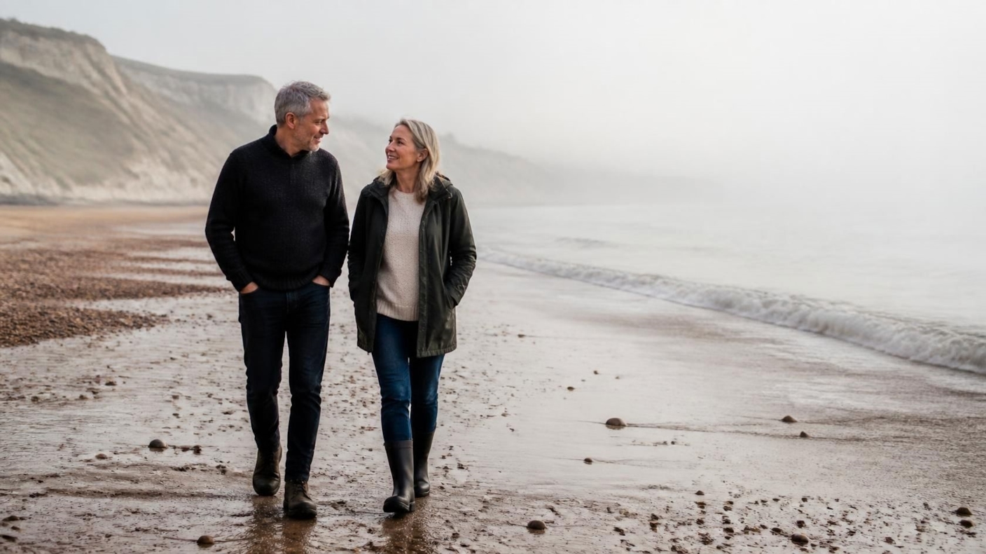 A couple walking and talking together on a quiet beach