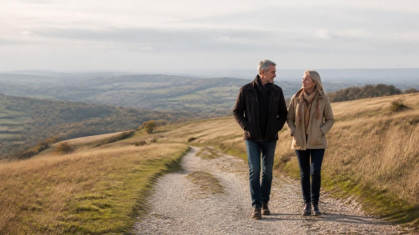 A man and woman walking and talking along a chalk path on the South Downs