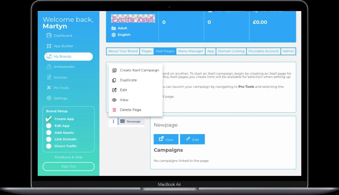 The three-dots menu open next to an Xsell page, listing Create Xsell Campaign, Duplicate, Edit, View and Delete Page.