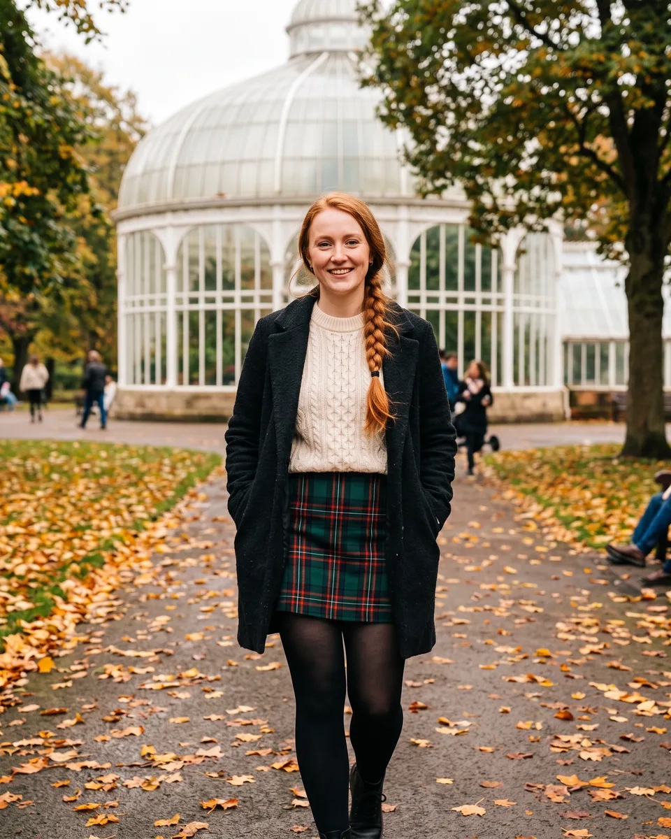 A woman with a long copper-red braid in a cream jumper and a short tartan skirt walks smiling through an autumn park with a Victorian glasshouse behind her in Glasgow's West End (AI-generated image)