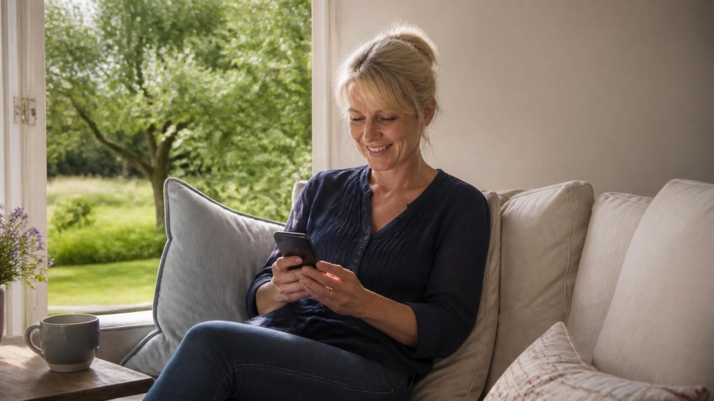 A woman smiling as she types on her phone by a sunny window