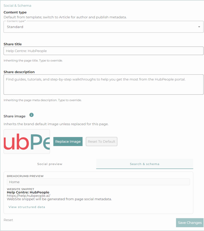 The Search and schema tab showing a breadcrumb preview and a website snippet generated from the page metadata.