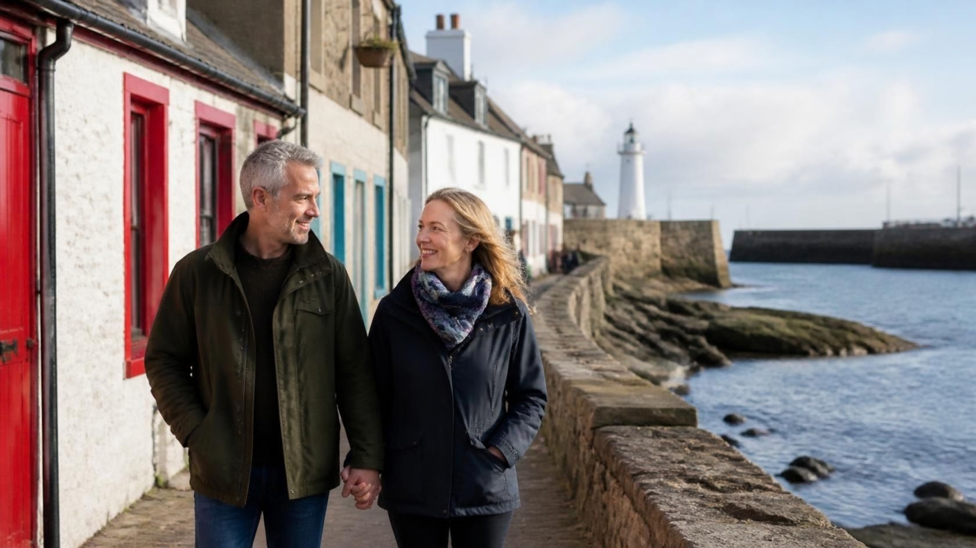 A couple strolling past colourful fishermen's cottages by a harbour with a lighthouse beyond