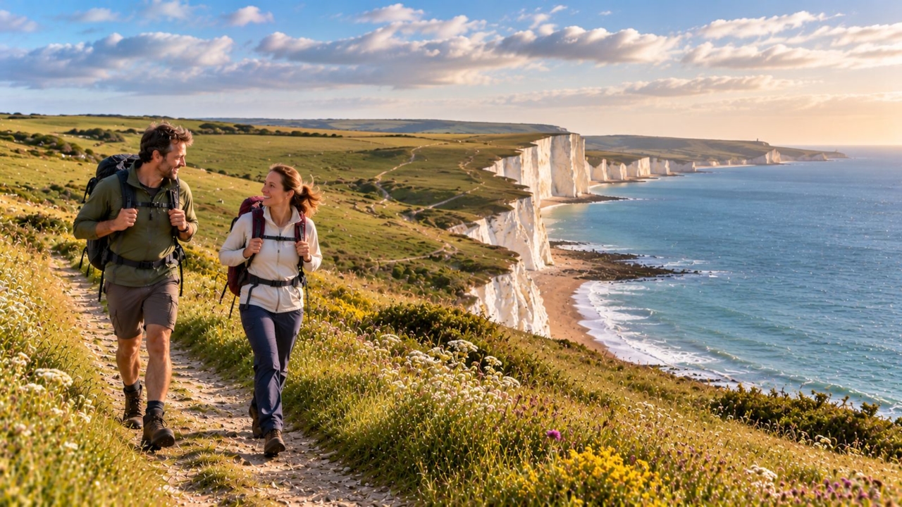 Two walkers on a footpath in the South Downs & Kent
