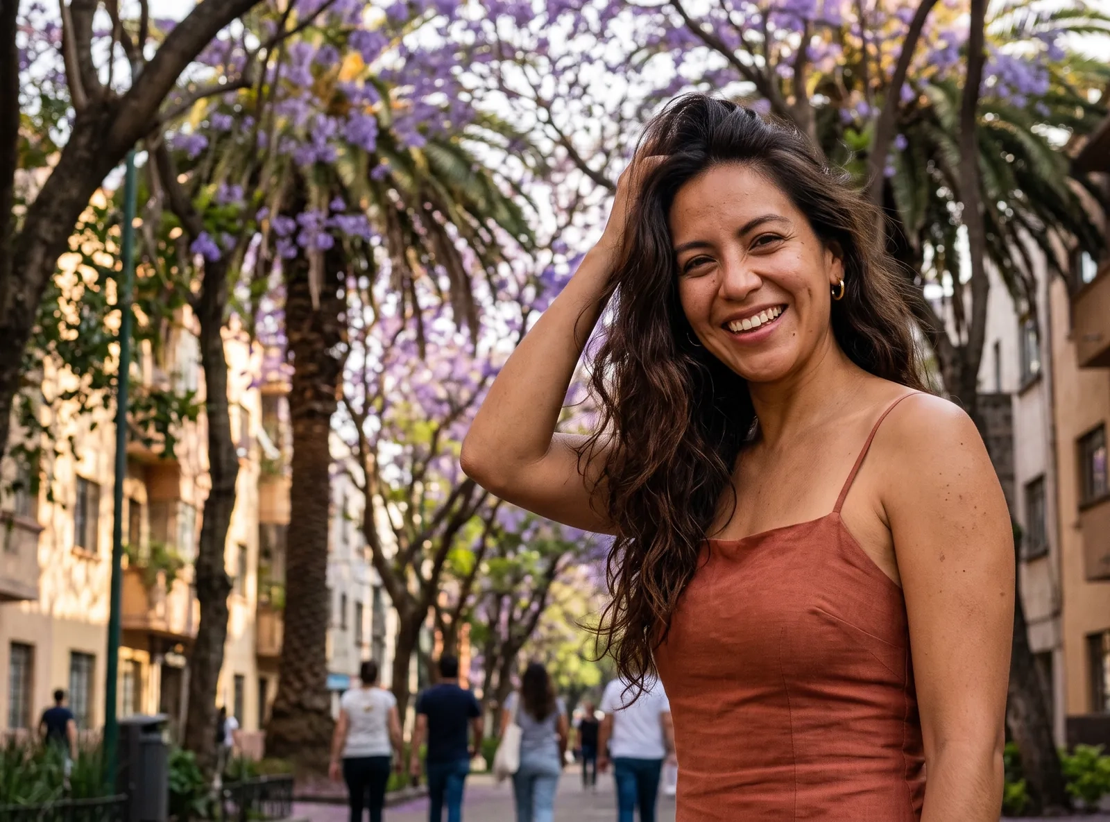 Una mujer sonriente de pelo largo oscuro y vestido terracota de tirantes se toca el pelo bajo jacarandas en una avenida arbolada de la Condesa, en la Ciudad de México (imagen generada por IA)