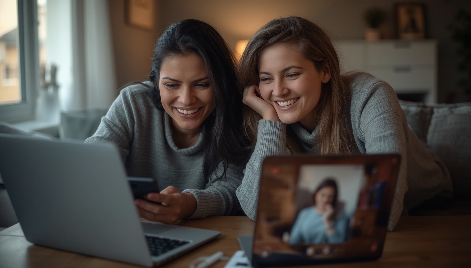 Two women lean together laughing and smiling while looking at a laptop and tablet showing a video call