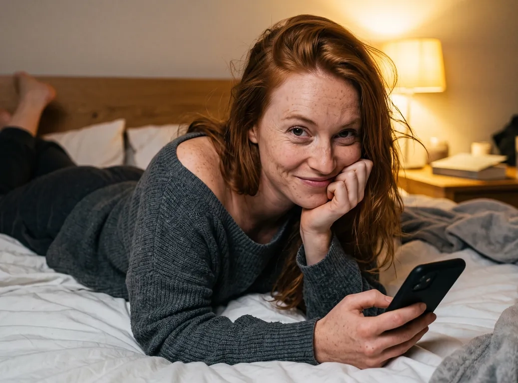 A woman with long copper-red hair in an oversized grey jumper lies across a bed in a softly lit bedroom late in the evening, holding her phone and looking up at the camera with a sly smile (AI-generated image)