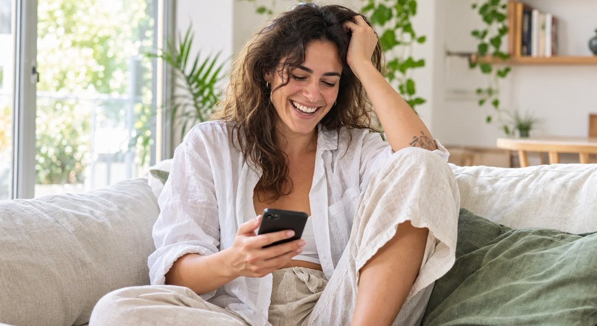 Mujer sonriendo mientras escribe en el móvil sentada en el sofá de su casa