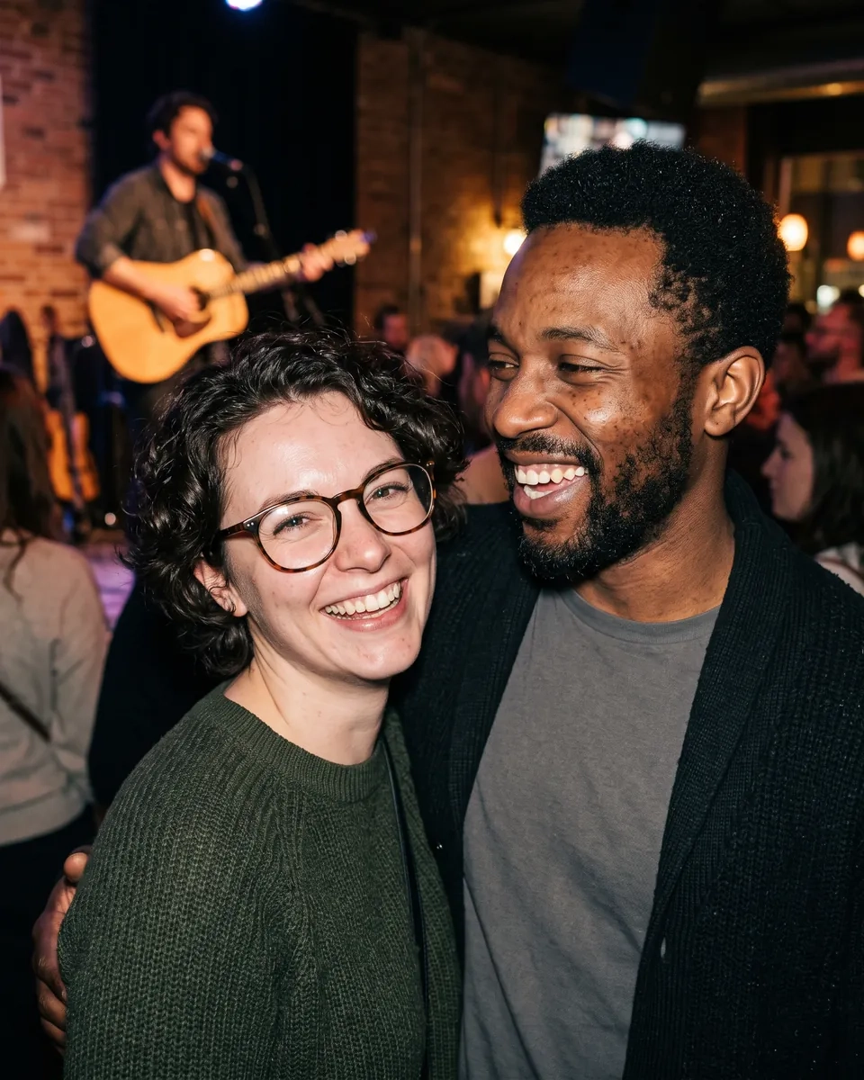 A laughing couple at a small live-music venue in Osborne Village, Winnipeg, a guitarist playing behind (AI-generated image)
