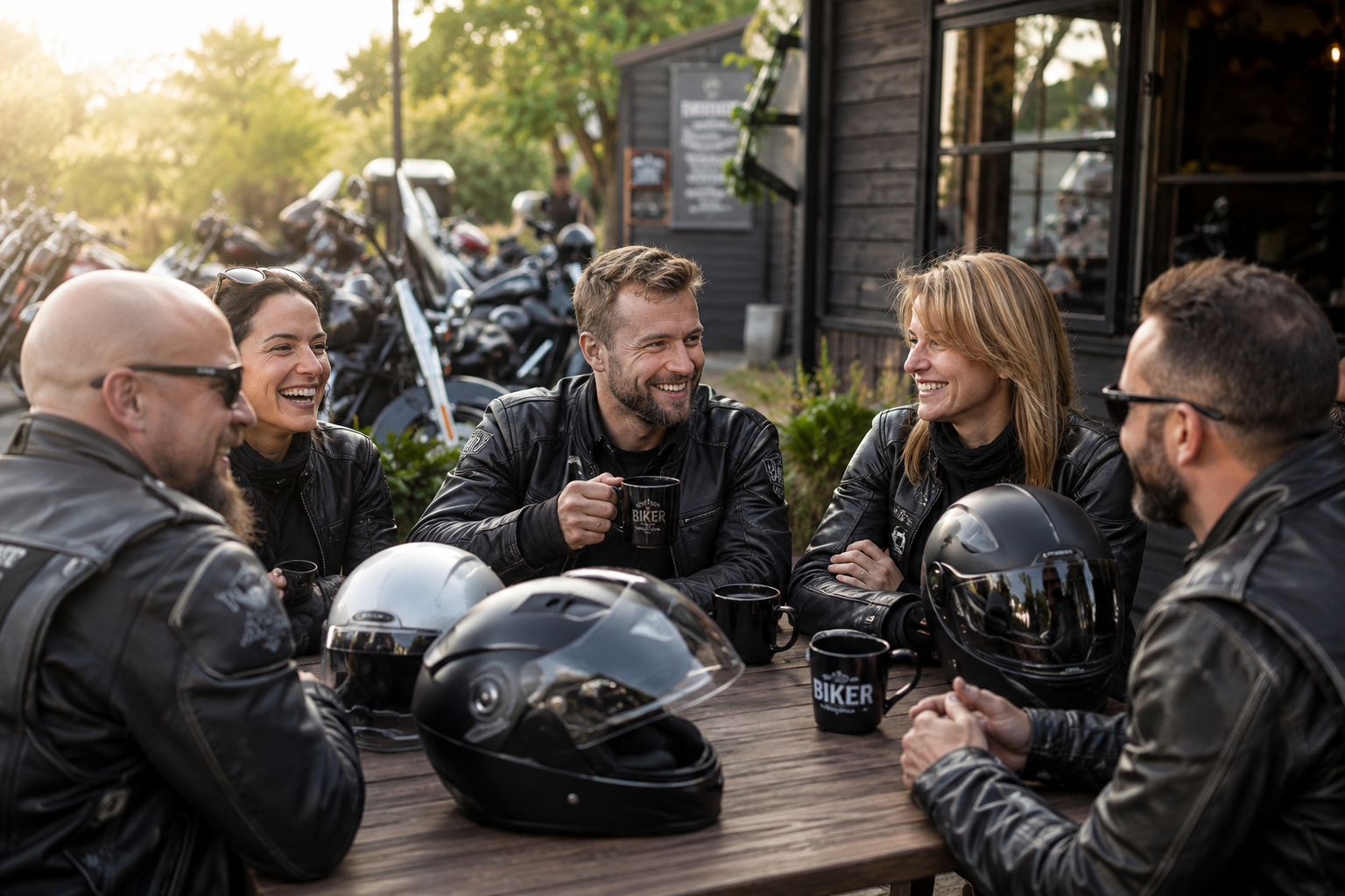 Five riders in leather jackets laughing together at an outdoor table at a biker café, helmets on the table