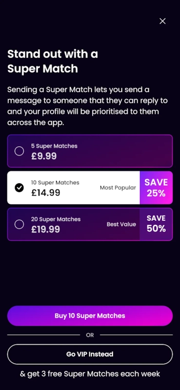 The Super Match payment screen for a free member, with a Go VIP Instead secondary option.