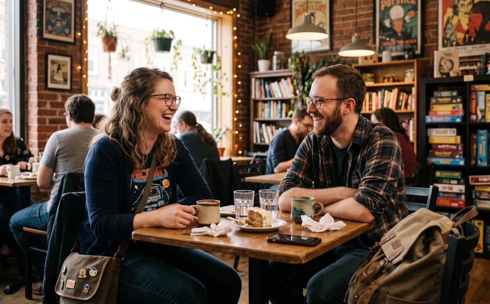A couple laughing over coffee in a cafe lined with board games