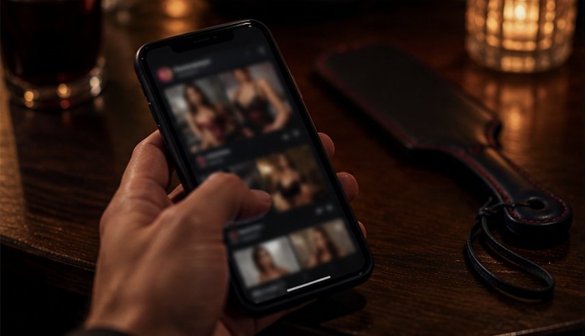 A phone showing a feed of member photos beside a leather paddle