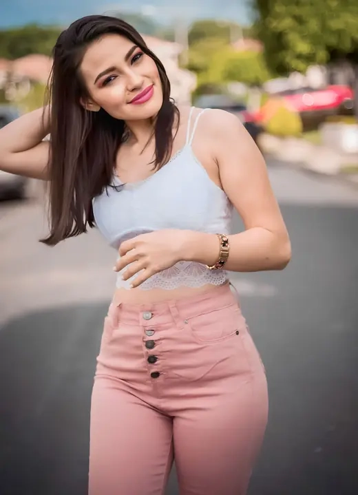 A woman smiling on a sunlit street in casual clothes