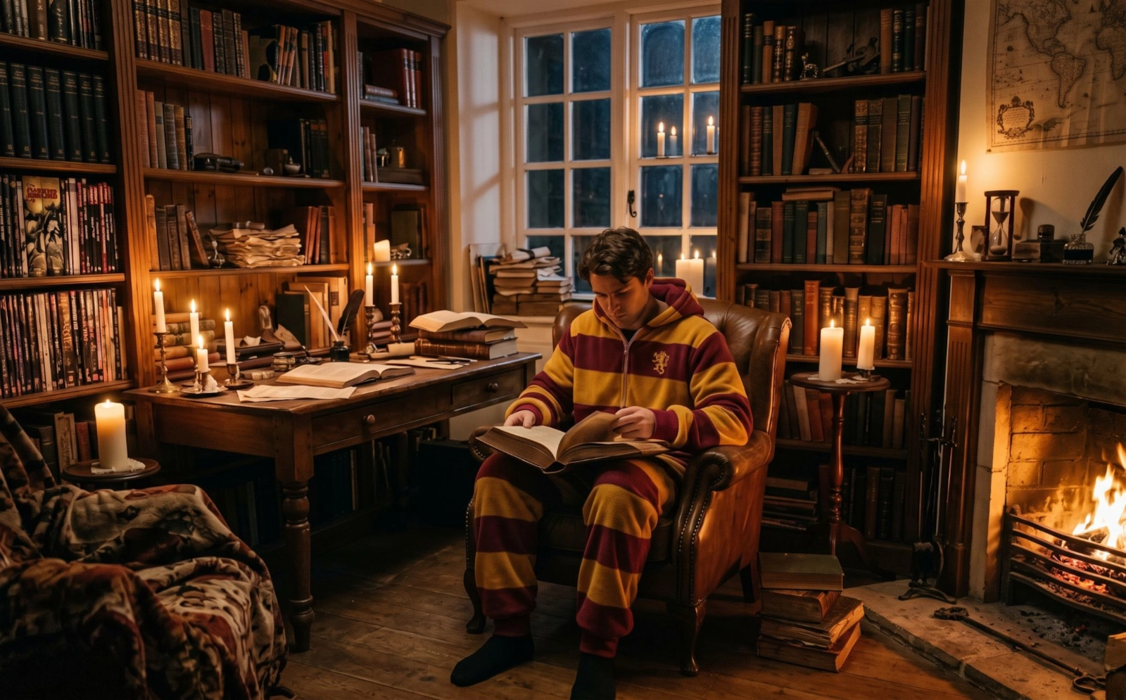 A man in a red and gold striped hooded onesie reading a large book by candlelight in a library with a fireplace