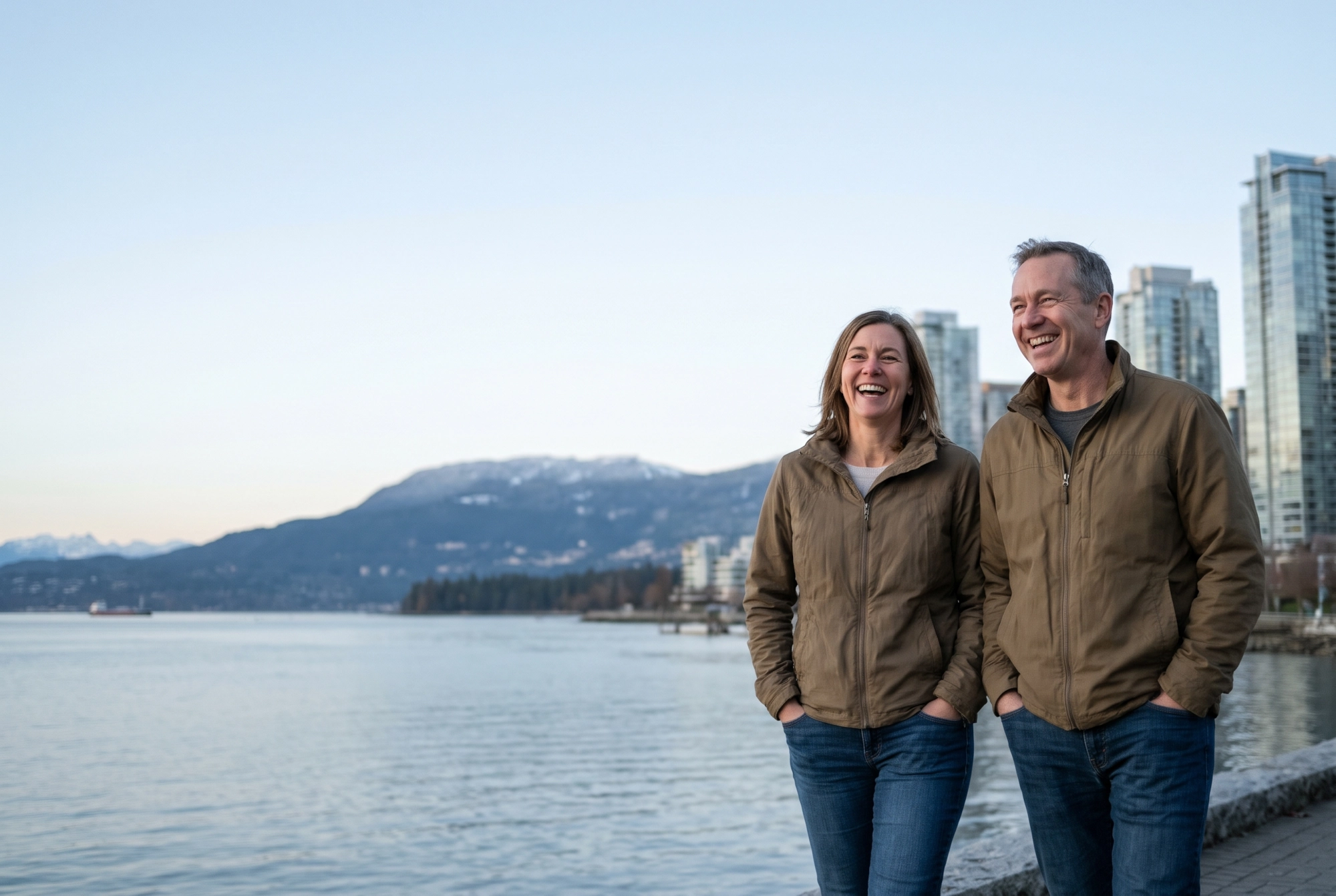 A happy couple laughing together on the Coal Harbour seawall with the Vancouver skyline and North Shore mountains behind them