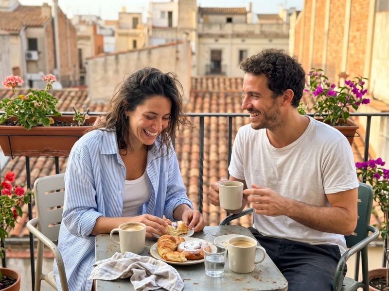 Un chico y una chica desayunan café y bollos en un balcón soleado, ella con una camisa grande y el pelo revuelto, riéndose los dos (imagen generada por IA)