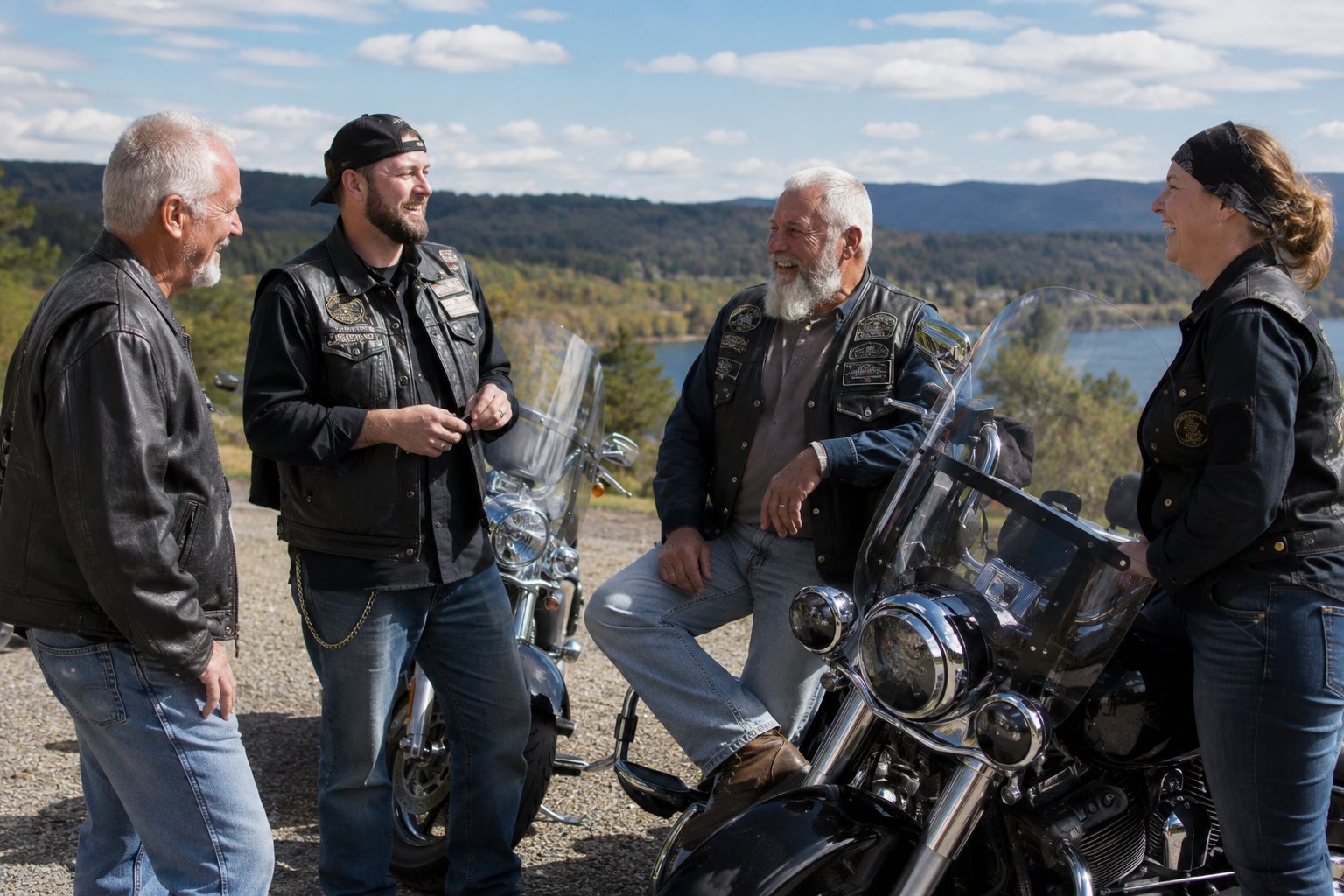 Two riders of different ages smiling together at a café stop, helmets resting on the table