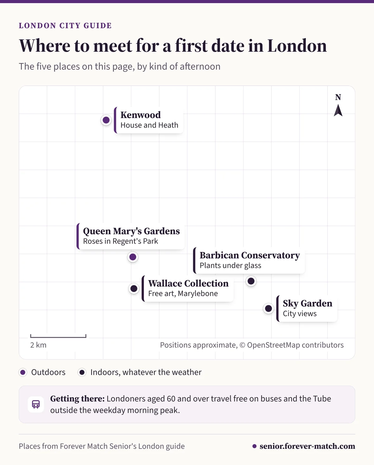 Map of first-date places in London: the Wallace Collection, the Barbican Conservatory, Kenwood, Queen Mary's Gardens and the Sky Garden