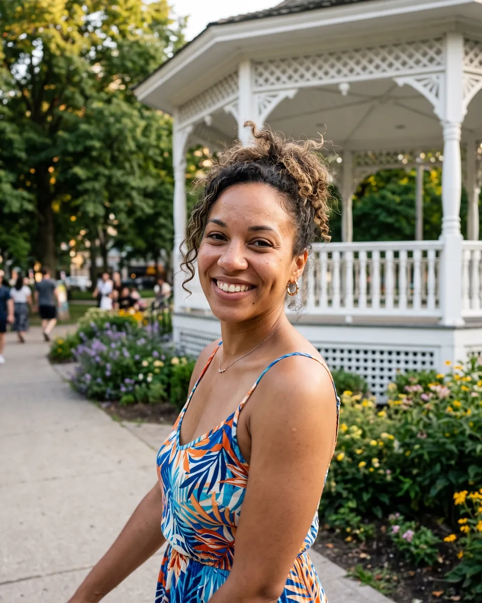 A smiling woman in a summer dress beside a white gazebo and flower beds in a Brampton park (AI-generated image)