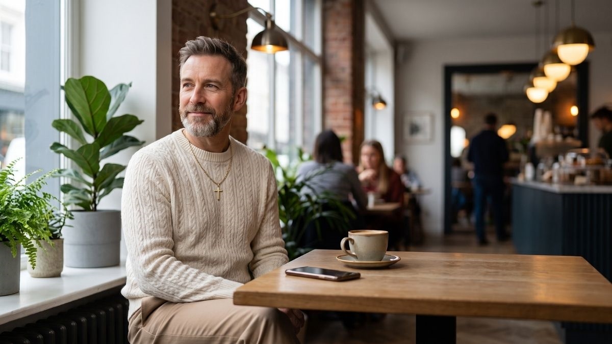 A man sitting quietly with a coffee by a window