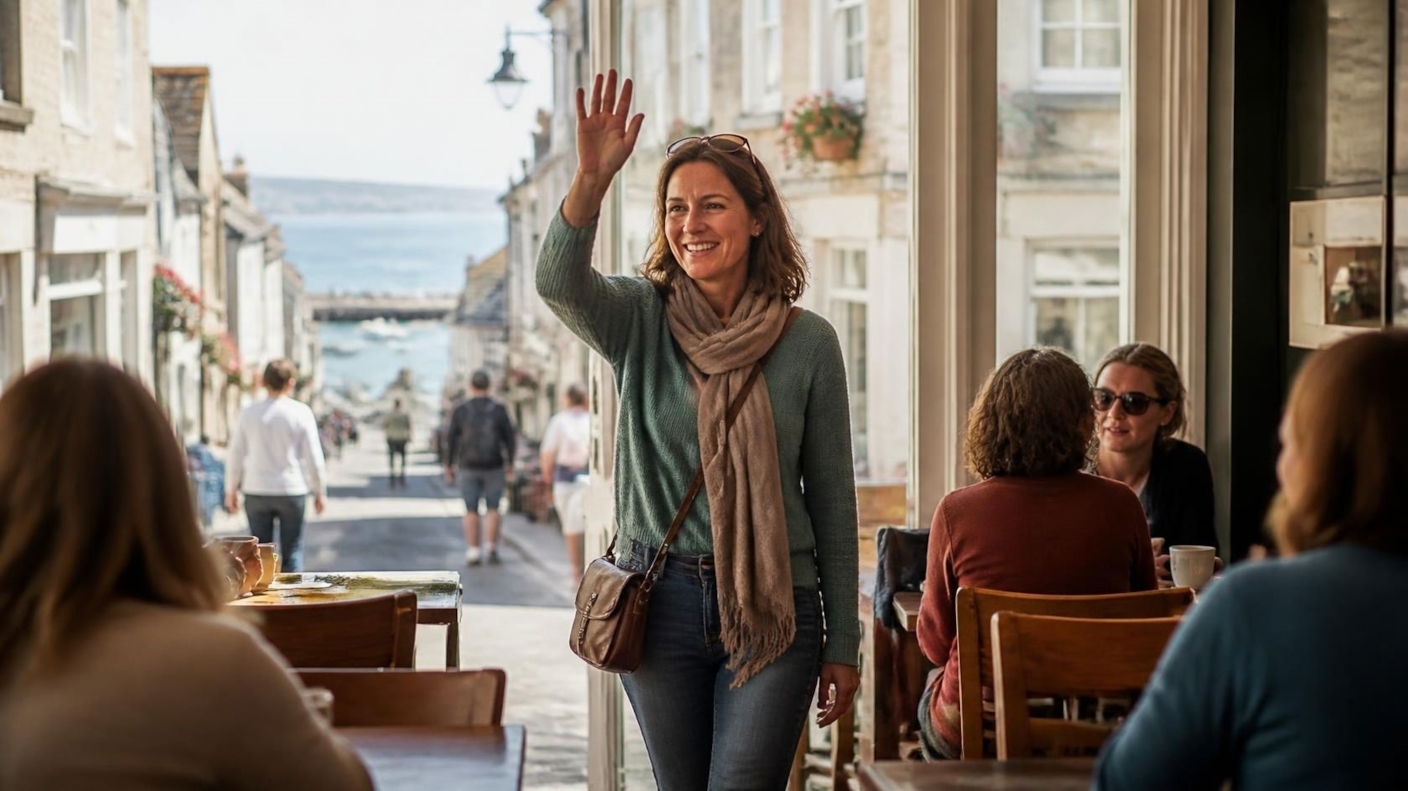 A woman waving hello as she arrives at a busy café in a Cornish seaside town