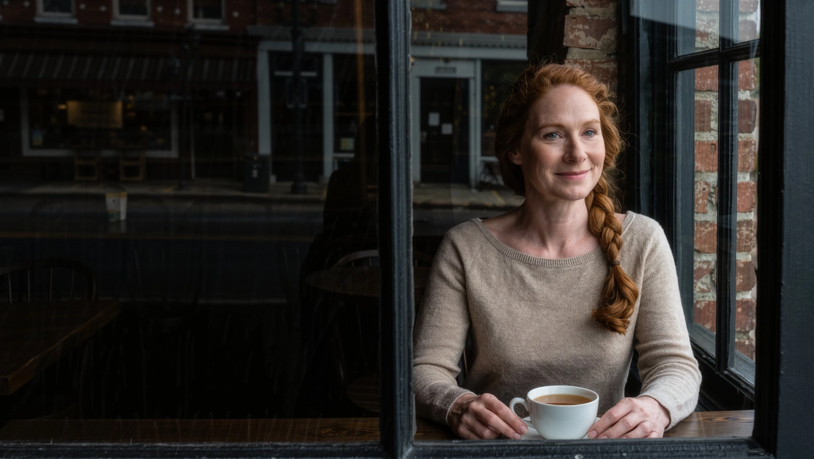 A woman with a braid sitting at a cafe window in an old brick Pennsylvania town