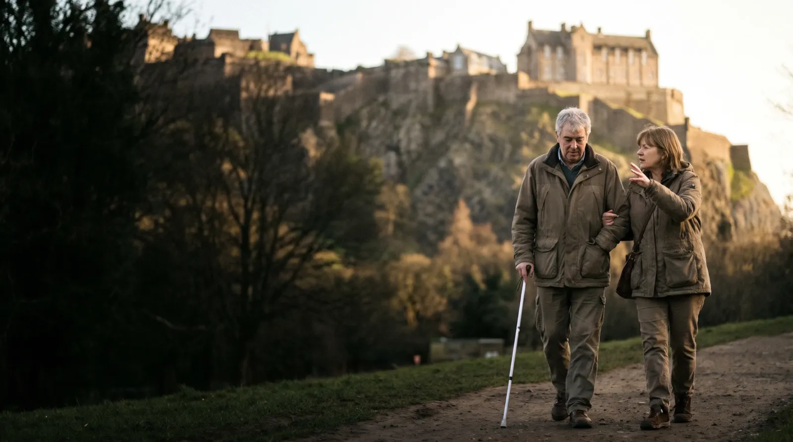 A couple on a path below Stirling Castle at golden hour; the man is blind and uses a white cane