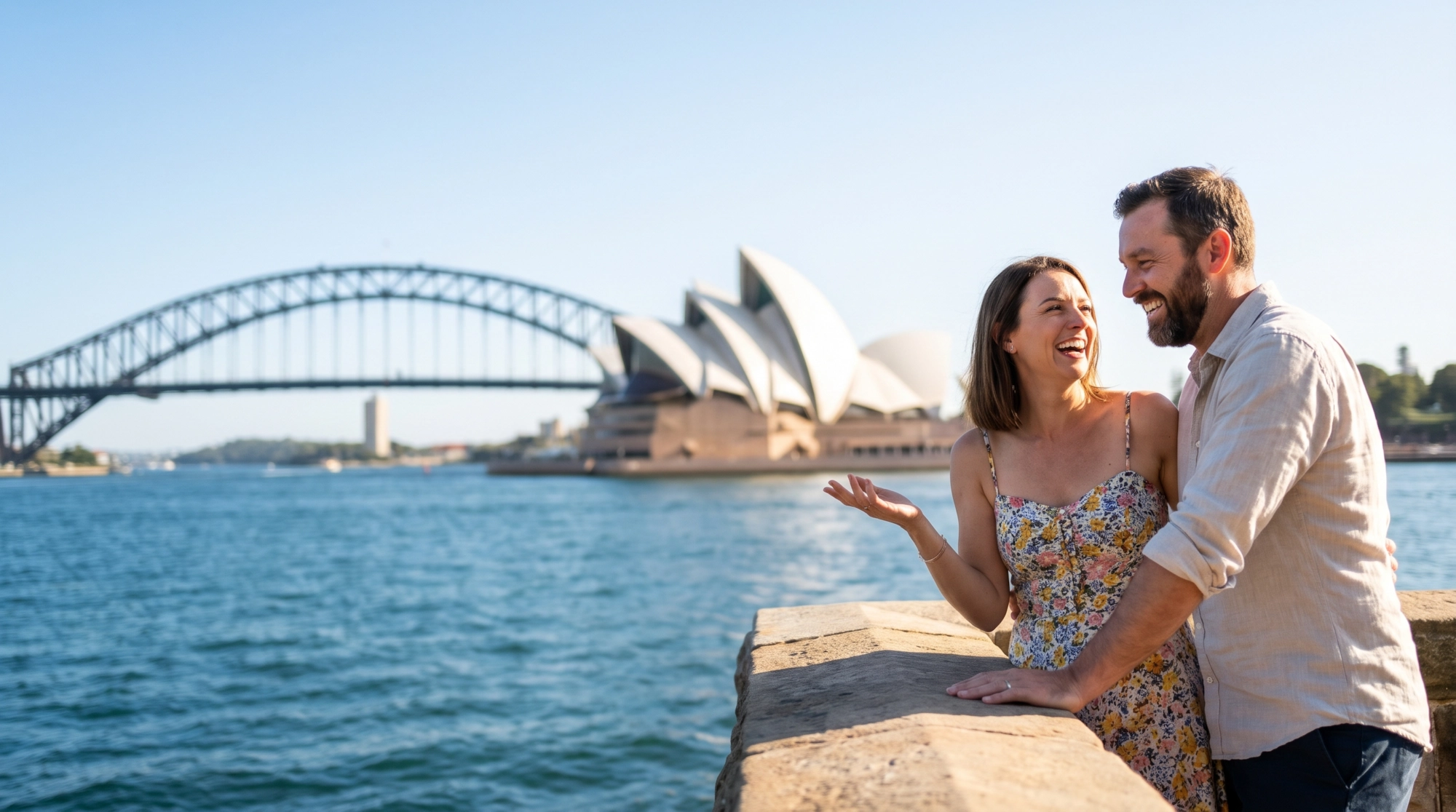 A happy couple laughing by Sydney Harbour with the Opera House and Harbour Bridge behind them