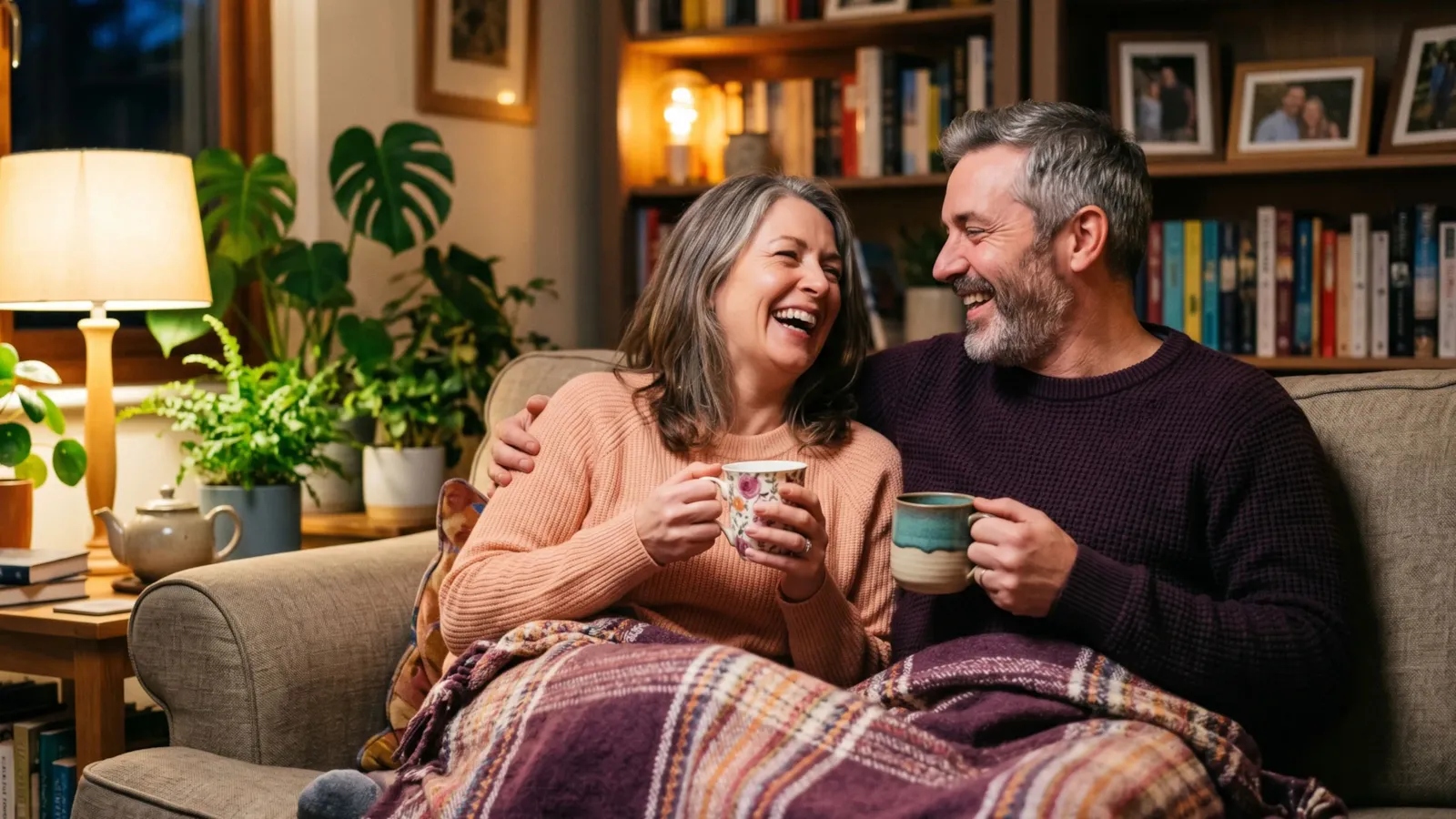 A couple laughing together on the sofa under a blanket with mugs of tea on a cosy evening