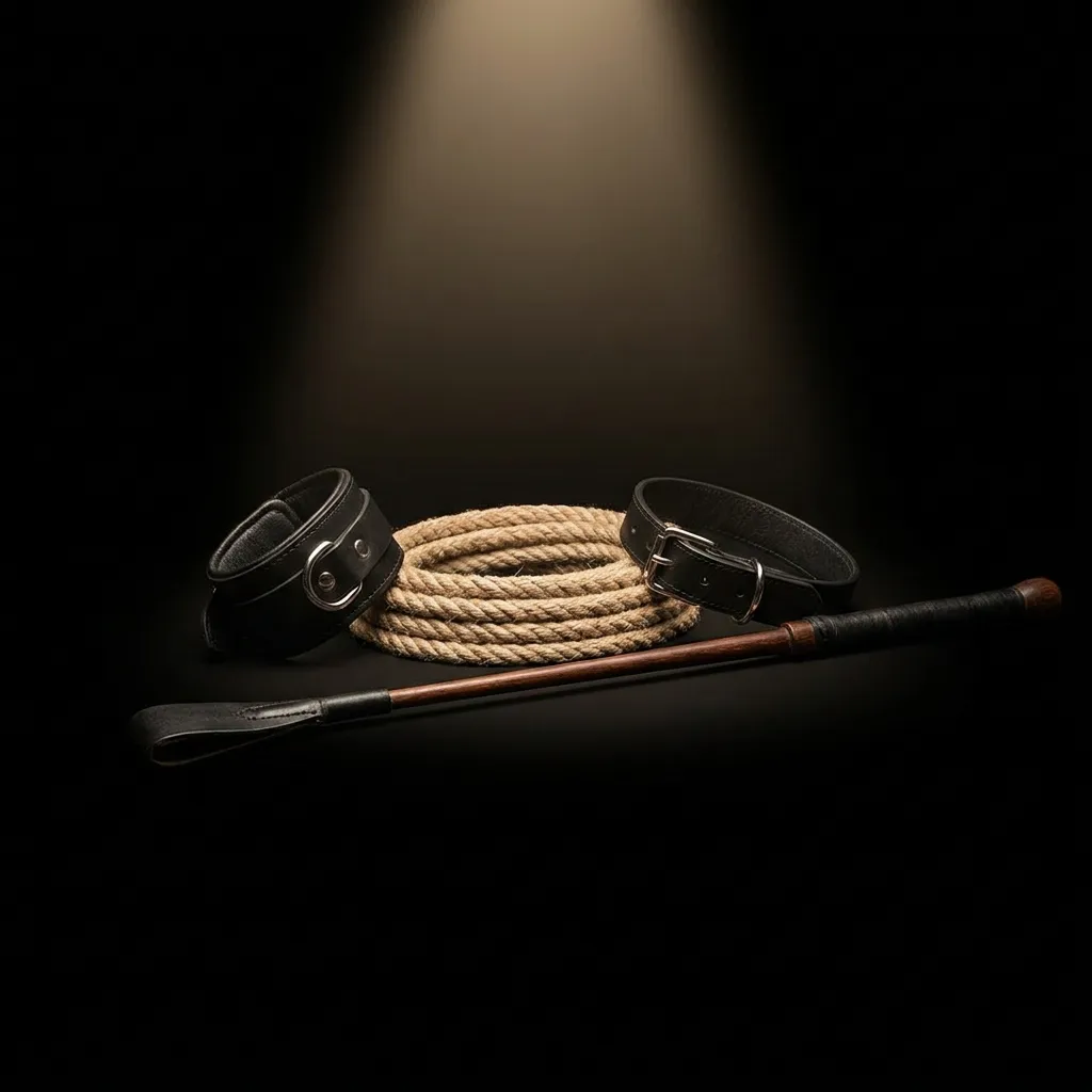 Leather cuffs, a coil of rope and a riding crop in a pool of light