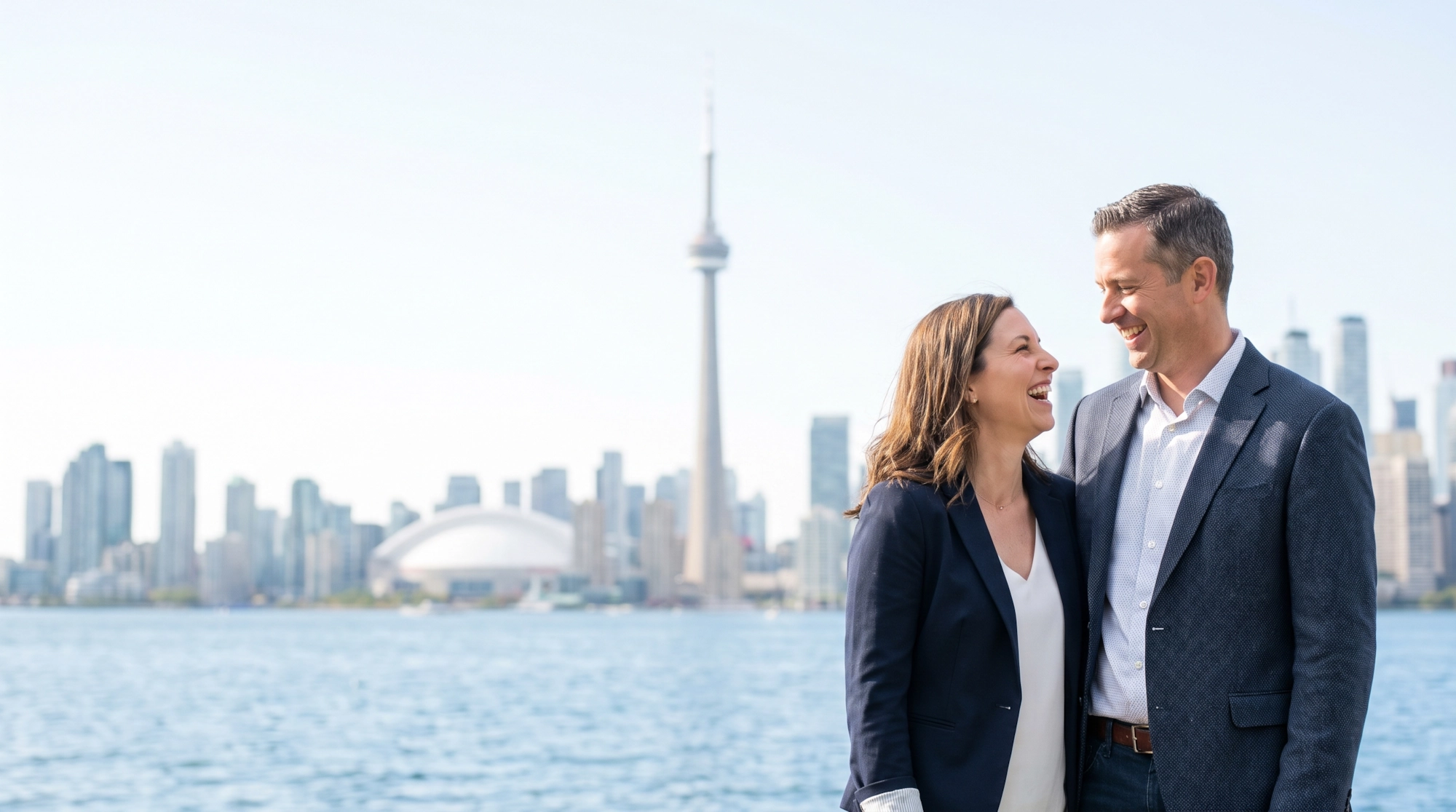 A happy couple laughing by Lake Ontario with the CN Tower and Toronto skyline behind them