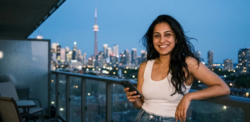 A smiling woman with long dark wavy hair and a white tank top leans on her condo balcony railing with her phone, the CN Tower lit behind her (AI-generated image)