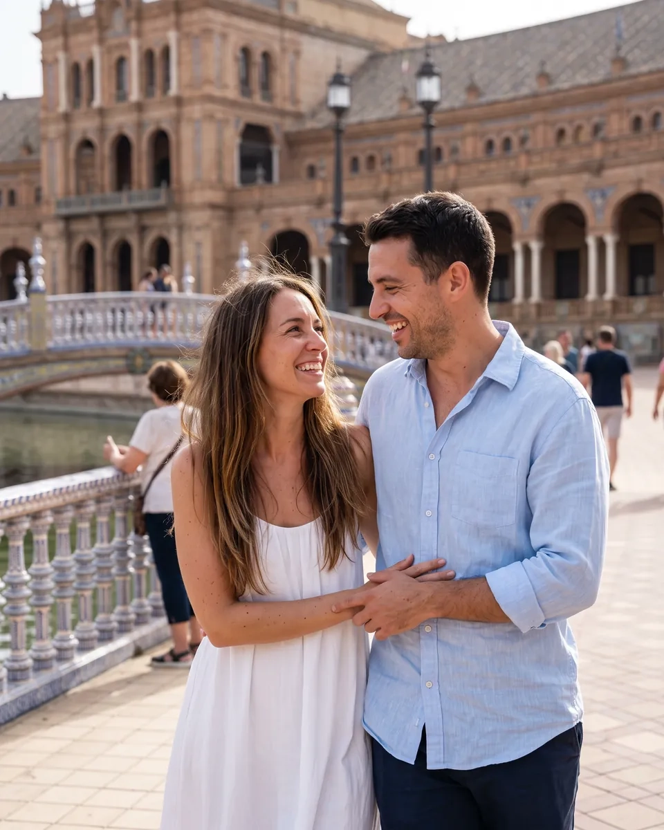 Una pareja pasea abrazada y sonriente por la Plaza de España de Sevilla, con sus puentes de cerámica al fondo (imagen generada por IA)