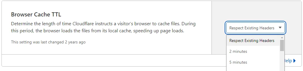 Cloudflare's Browser Cache TTL setting with the dropdown open and Respect Existing Headers selected.