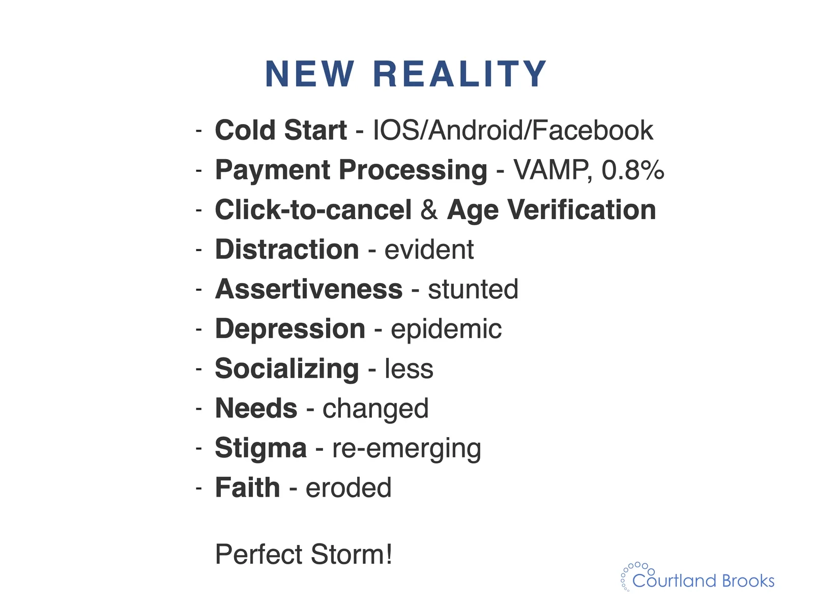 The new reality: cold start, payment processing and VAMP at 0.8%, click-to-cancel and age verification, distraction, assertiveness, depression, socialising, needs, stigma and faith. A perfect storm
